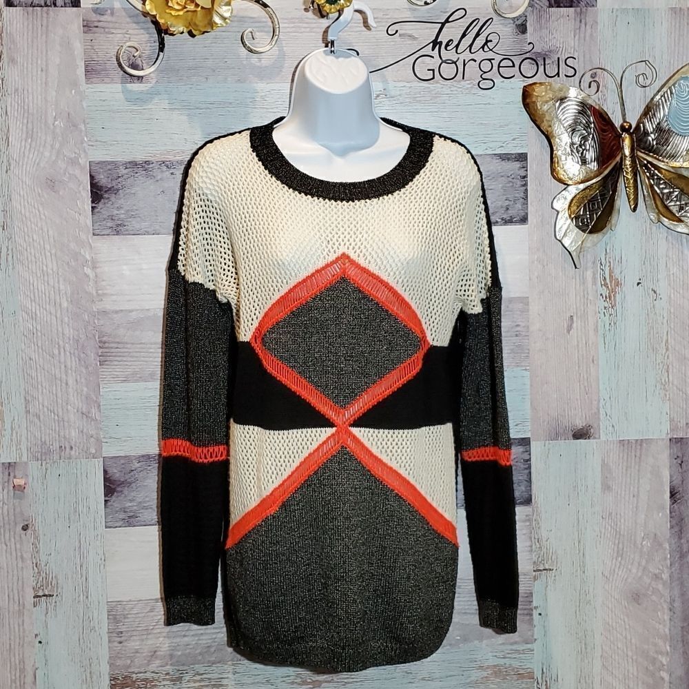 Potter's Pot Patchwork Open Weave Sweater Metallic Trim Sz S